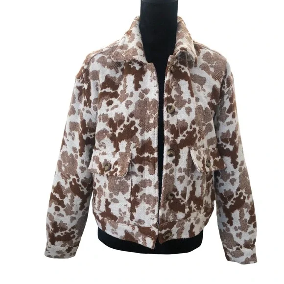 Sonoma Goods for Life Cropped Brown Cow Print Jacquard Bomber Jacket Sz M - Picture 4 of 16
